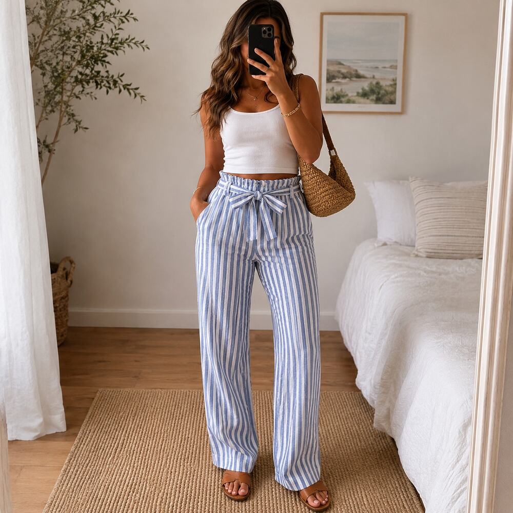 Charlotte Russe Paperbag Stripe Tie Waist Pants Nautical Coastal Medium Blue